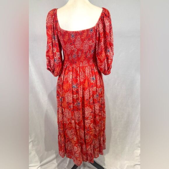 Angie blood orange puff sleeve smocked tiered midi dress size large - Picture 6 of 9